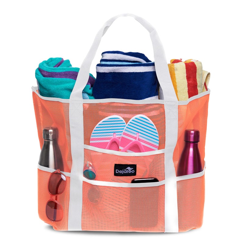 Dejaroo - Sand Free Mesh Bag - Strong Lightweight Tote For Beach & Vacation Essentials. Tons of Storage with 8 Pockets, Foldable, 17x9x15 inches, Peach with White Straps - Image 1